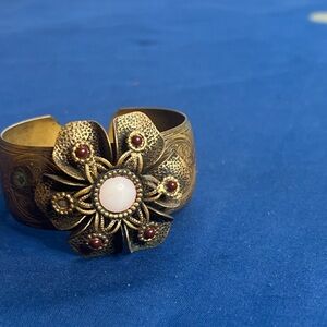 Brass floral wide cuff bracelet with stones